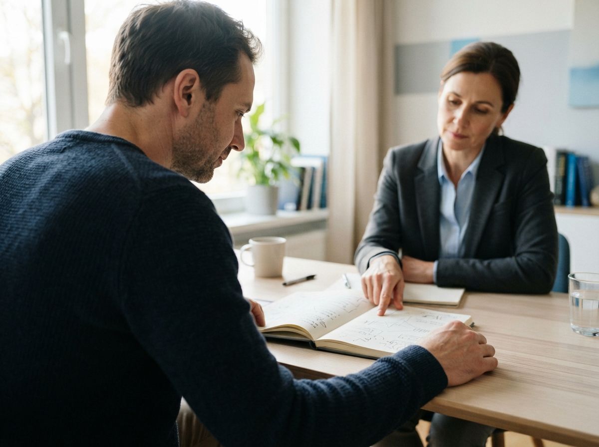 Мужчина и психиатр за столом изучают записи в блокноте.